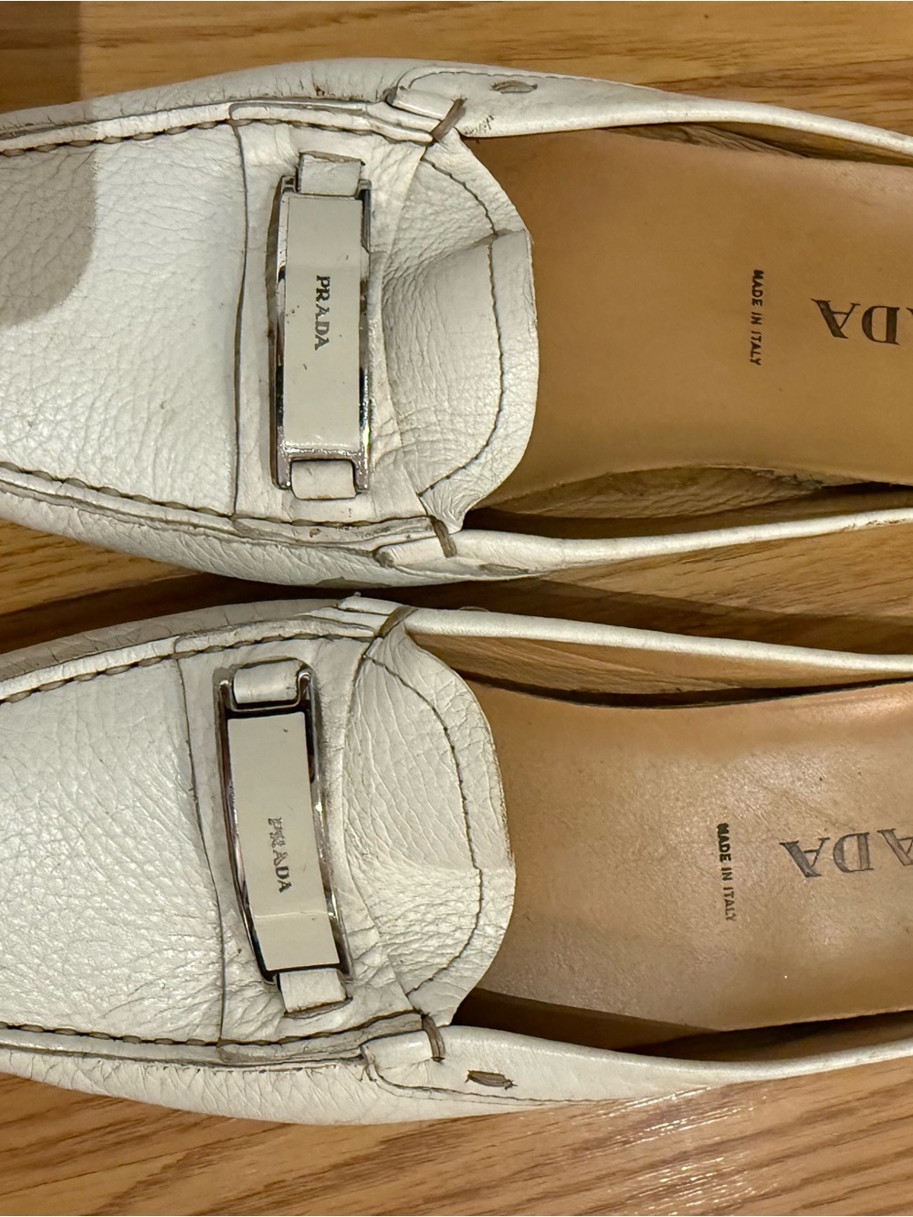 Prada White Leather Penny Loafers with Silver Hardware